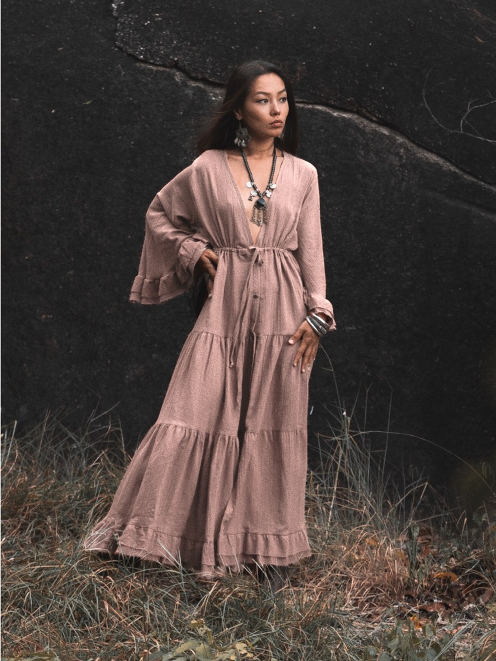 Thaluta Boho Dusty Rose Mauve Tiered Maxi Dress with Drawstring Waist - One Size